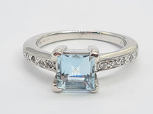 Load image into Gallery viewer, 6018: Vintage; 18ct White Gold Princess Cut Aquamarine 10 Diamonds Dress Ring- elegant eye candy