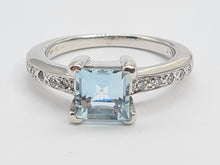 Load image into Gallery viewer, 6018: Vintage; 18ct White Gold Princess Cut Aquamarine 10 Diamonds Dress Ring- elegant eye candy