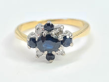 Load image into Gallery viewer, 6032 Vintage: 18ct Gold French Blue Sapphires Brilliant Cut Diamonds Cluster Ring