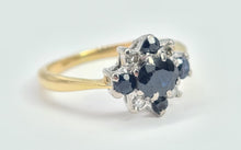 Load image into Gallery viewer, 6032 Vintage: 18ct Gold French Blue Sapphires Brilliant Cut Diamonds Cluster Ring