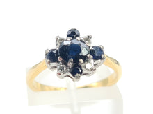 Load image into Gallery viewer, 6032 Vintage: 18ct Gold French Blue Sapphires Brilliant Cut Diamonds Cluster Ring