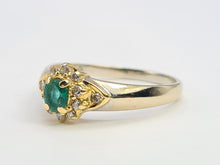 Cargar imagen en el visor de la galería, 6044:Vintage 18ct Mixed Gold Emerald 12 Diamonds Dress Ring- Rare example