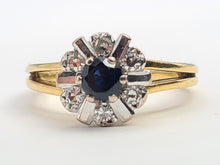 Load image into Gallery viewer, 6051 Vintage: 18ct Gold Blue Sapphire Diamonds "Sun burst" Dress ring- From 1972