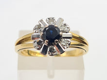 Load image into Gallery viewer, 6051 Vintage: 18ct Gold Blue Sapphire Diamonds "Sun burst" Dress ring- From 1972