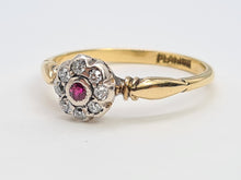 Load image into Gallery viewer, 6067 Antique: 18ct Gold Platinum Set Ruby 8 Diamonds Flower Head Ring