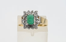 Load image into Gallery viewer, 6287 Vintage: 9ct Gold Emerald Cut Emerald 14 Diamonds Square Set Ring