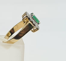 Load image into Gallery viewer, 6287 Vintage: 9ct Gold Emerald Cut Emerald 14 Diamonds Square Set Ring