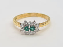 Load image into Gallery viewer, 6079 Vintage: 18ct Gold Two Emeralds 10 Diamonds Dress Ring- From 1983- Rare