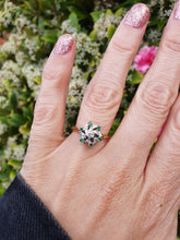 Load image into Gallery viewer, 6066 Vintage: 18ct Gold 6 Emeralds 7 Brilliant Cut Diamonds Cluster Ring