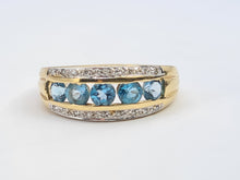Load image into Gallery viewer, 6164 Vintage: 9ct Gold 5 Swiss Blue Topaz 18 Diamonds Cocktail Ring- lovely combination, crisp eye candy