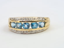 Load image into Gallery viewer, 6164 Vintage: 9ct Gold 5 Swiss Blue Topaz 18 Diamonds Cocktail Ring- lovely combination, crisp eye candy