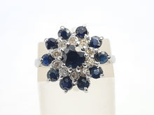 Cargar imagen en el visor de la galería, 6046: Vintage; 18ct White Gold 11 Blue Sapphires 10 Diamonds Cocktail Ring- lovely symmetry - substantial beauty