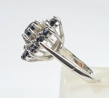 Load image into Gallery viewer, 6046: Vintage; 18ct White Gold 11 Blue Sapphires 10 Diamonds Cocktail Ring- lovely symmetry - substantial beauty