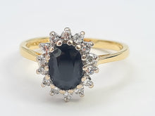 Load image into Gallery viewer, 6216 Vintage; 18ct Gold French Blue Sapphire 14 Diamonds Cluster Ring