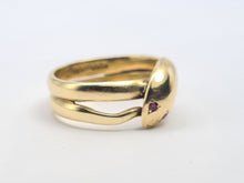 Load image into Gallery viewer, 6104: Vintage: 9ct Gold Ruby Eyes Snake Ring- a substantial Gold Snake ring From 1965
