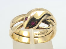 Load image into Gallery viewer, 6104: Vintage: 9ct Gold Ruby Eyes Snake Ring- a substantial Gold Snake ring From 1965