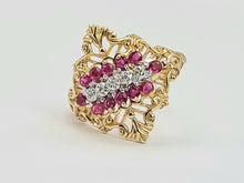 Load image into Gallery viewer, 6117: Vintage: Dramatic 14ct Gold Openwork 12 Rubies 5 Diamonds Cocktail Ring