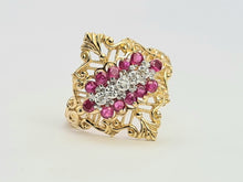 Cargar imagen en el visor de la galería, 6117: Vintage: Dramatic 14ct Gold Openwork 12 Rubies 5 Diamonds Cocktail Ring