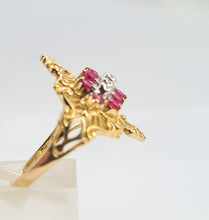 Load image into Gallery viewer, 6117: Vintage: Dramatic 14ct Gold Openwork 12 Rubies 5 Diamonds Cocktail Ring