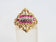 Load image into Gallery viewer, 6117: Vintage: Dramatic 14ct Gold Openwork 12 Rubies 5 Diamonds Cocktail Ring