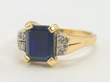 Load image into Gallery viewer, 6112 Vintage: 18ct Gold Emerald Cut Royal Blue Sapphire Diamonds Dress Ring