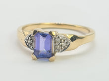 Load image into Gallery viewer, 8232: Vintage; 9ct Gold Emerald cut Tanzanite Diamonds Dress; Ring- lovely cut and colour