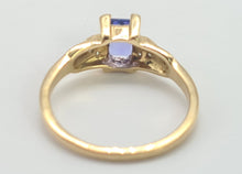 Load image into Gallery viewer, 8232: Vintage; 9ct Gold Emerald cut Tanzanite Diamonds Dress; Ring- lovely cut and colour