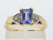 Load image into Gallery viewer, 8232: Vintage; 9ct Gold Emerald cut Tanzanite Diamonds Dress; Ring- lovely cut and colour
