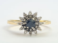 Cargar imagen en el visor de la galería, 8255: Vintage: 18ct Gold French Blue Sapphire 12 Diamonds "Starburst" Floral Cluster Ring