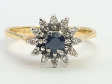 Cargar imagen en el visor de la galería, 8255: Vintage: 18ct Gold French Blue Sapphire 12 Diamonds "Starburst" Floral Cluster Ring
