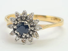 Cargar imagen en el visor de la galería, 8255: Vintage: 18ct Gold French Blue Sapphire 12 Diamonds "Starburst" Floral Cluster Ring