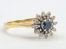Cargar imagen en el visor de la galería, 8255: Vintage: 18ct Gold French Blue Sapphire 12 Diamonds "Starburst" Floral Cluster Ring