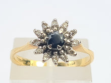 Cargar imagen en el visor de la galería, 8255: Vintage: 18ct Gold French Blue Sapphire 12 Diamonds "Starburst" Floral Cluster Ring