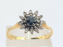 Cargar imagen en el visor de la galería, 8255: Vintage: 18ct Gold French Blue Sapphire 12 Diamonds "Starburst" Floral Cluster Ring