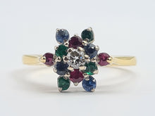 Load image into Gallery viewer, 6233 Vintage: 18ct Gold Rubies, Sapphires, Emeralds Diamond "Snowflake" Ring-From 1984