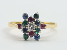 Load image into Gallery viewer, 6233 Vintage: 18ct Gold Rubies, Sapphires, Emeralds Diamond "Snowflake" Ring-From 1984