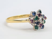 Load image into Gallery viewer, 6233 Vintage: 18ct Gold Rubies, Sapphires, Emeralds Diamond "Snowflake" Ring-From 1984