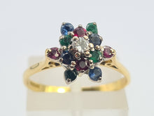 Load image into Gallery viewer, 6233 Vintage: 18ct Gold Rubies, Sapphires, Emeralds Diamond "Snowflake" Ring-From 1984