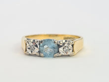 Load image into Gallery viewer, 6099:  Vintage: 18ct Gold Blue Aquamarine Twin Diamonds Dress Ring- From 1973