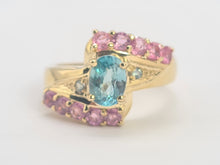Load image into Gallery viewer, 6265 Vintage: 9ct Gold Pink & Green Sapphires Blue Zircon Cocktail Ring