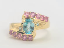 Load image into Gallery viewer, 6265 Vintage: 9ct Gold Pink & Green Sapphires Blue Zircon Cocktail Ring