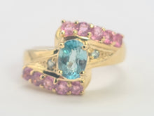 Load image into Gallery viewer, 6265 Vintage: 9ct Gold Pink & Green Sapphires Blue Zircon Cocktail Ring