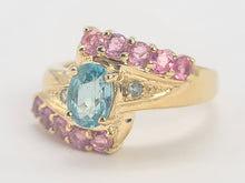 Load image into Gallery viewer, 6265 Vintage: 9ct Gold Pink & Green Sapphires Blue Zircon Cocktail Ring
