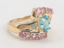Load image into Gallery viewer, 6265 Vintage: 9ct Gold Pink & Green Sapphires Blue Zircon Cocktail Ring