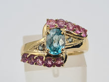 Load image into Gallery viewer, 6265 Vintage: 9ct Gold Pink & Green Sapphires Blue Zircon Cocktail Ring