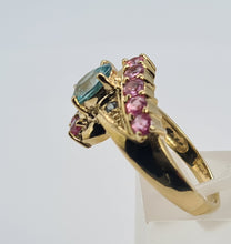 Load image into Gallery viewer, 6265 Vintage: 9ct Gold Pink & Green Sapphires Blue Zircon Cocktail Ring