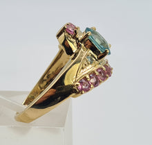 Load image into Gallery viewer, 6265 Vintage: 9ct Gold Pink & Green Sapphires Blue Zircon Cocktail Ring