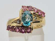 Load image into Gallery viewer, 6265 Vintage: 9ct Gold Pink & Green Sapphires Blue Zircon Cocktail Ring