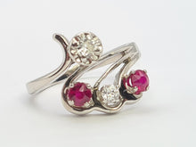 Cargar imagen en el visor de la galería, A0265: Vintage; 14ct White Gold Rubies Diamonds  Openwork "Swirl" Dress Ring
