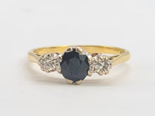 Load image into Gallery viewer, 2910: Vintage: 18ct Gold French Blue Sapphire Round Cut Diamonds Ring- "Three stone straight"